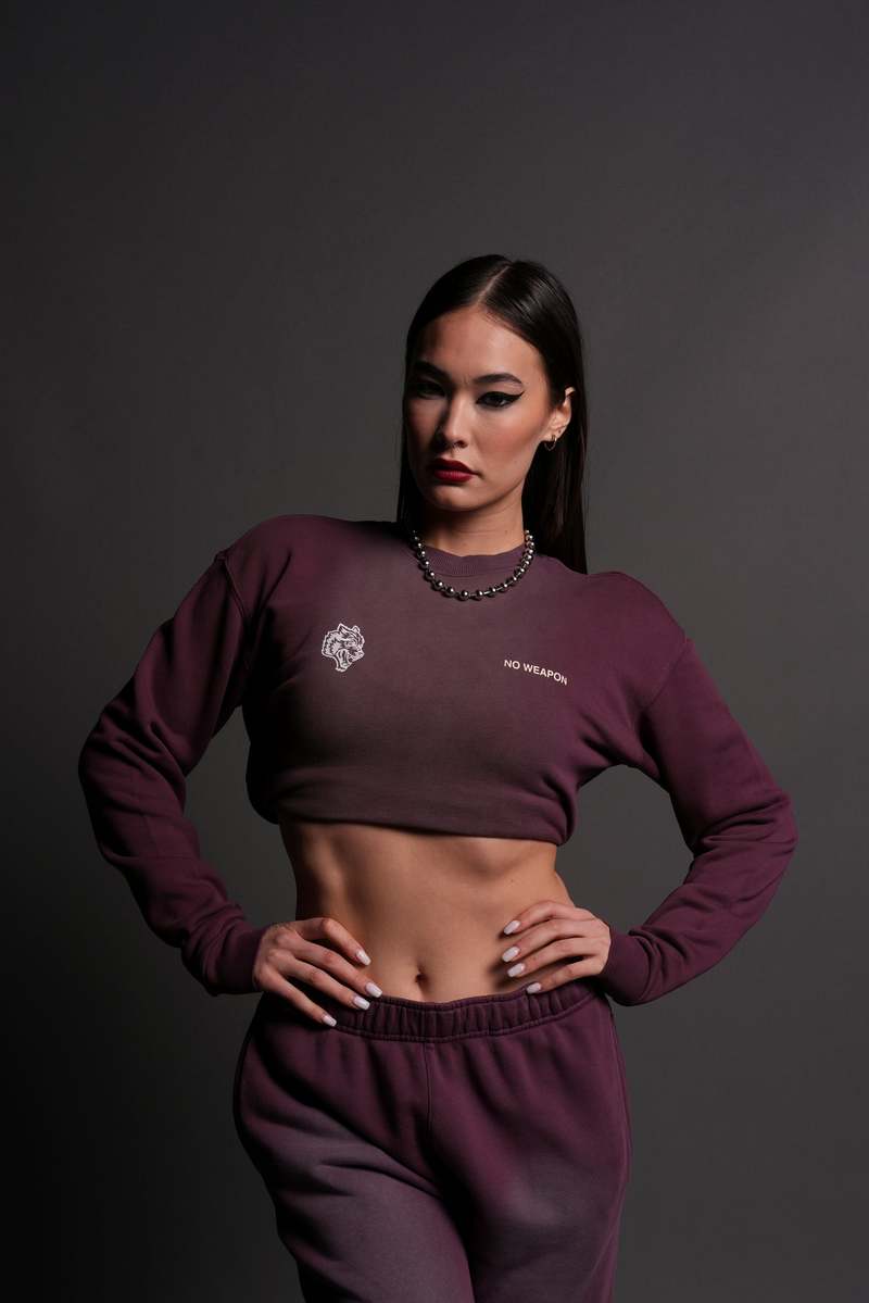 Darc Sport No Weapon Shall Prosper (Cropped) Crewneck Cherry Wine Tonal Sun Fade | 5470391-EZ